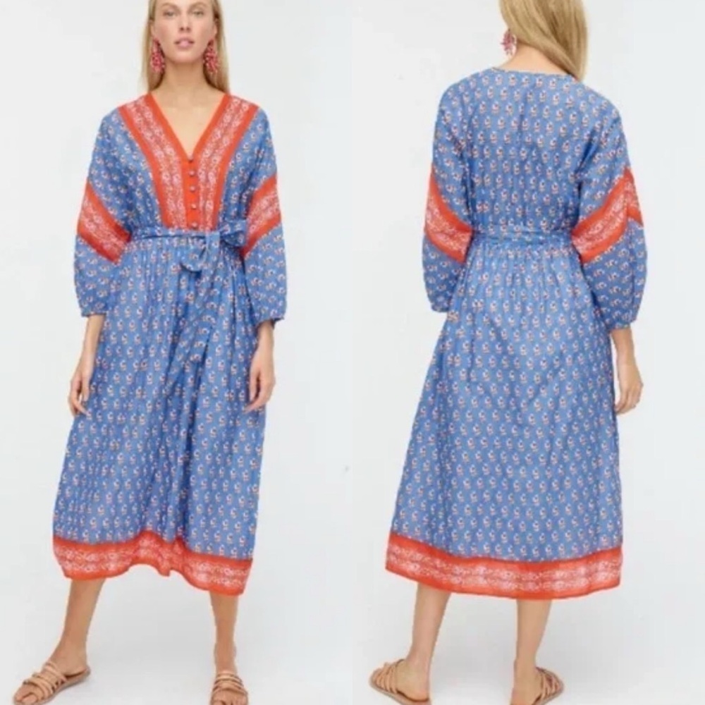 J.Crew cover-up midi Blue red floral Women's puff sleeve tunic Dress medium